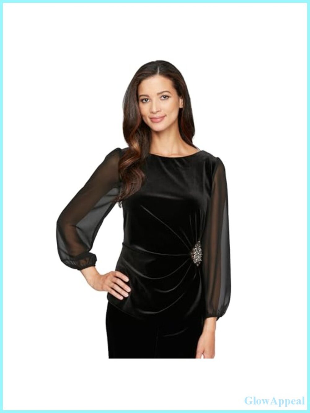 Womens 3/4 Sleeve Blouse Illusion Chiffon Ruched Waist Embellished Formal